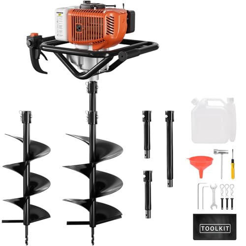 62cc Gas Powered Post Hole Digger with 2 Auger Drill Bits (6" & 8") and 3 Extension Rods H24194