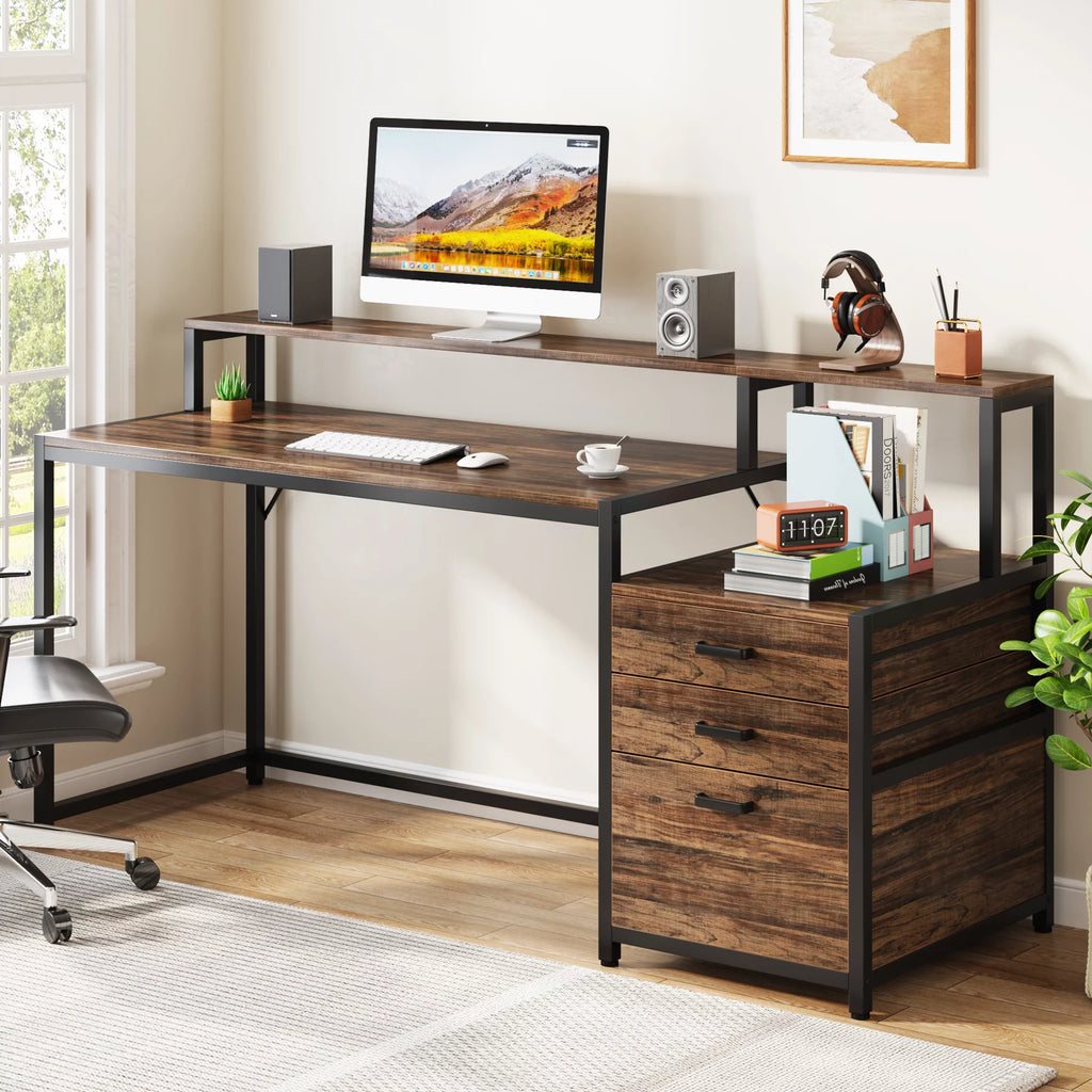 63 Inch Computer Desk with Monitor Stand and Drawers File Cabinet T19250