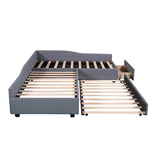 Gray Upholstered Double Twin Size Daybed with Trundle and Drawer A6559