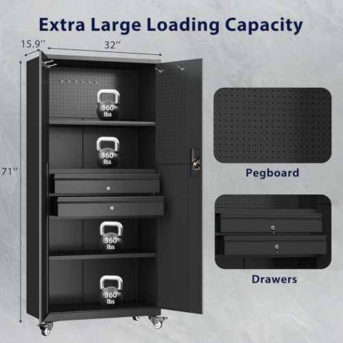 Metal Garage Storage Cabinet with Drawers and Wheels Rolling Tool Chest Cabinet with Pegboards Lockable Storage Cabinets with Adjustable Shelves E751