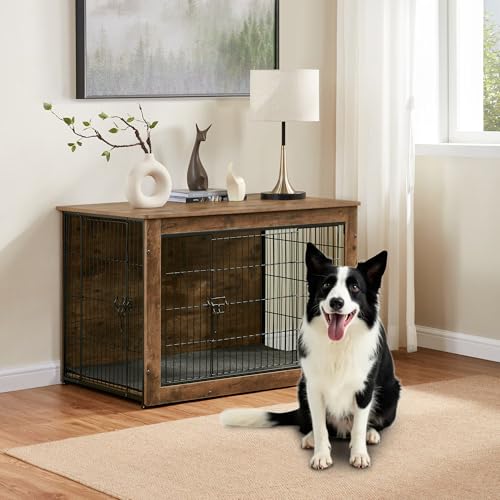 Wooden Dog Crate End Table with Dual Doors, 27 Inch P582