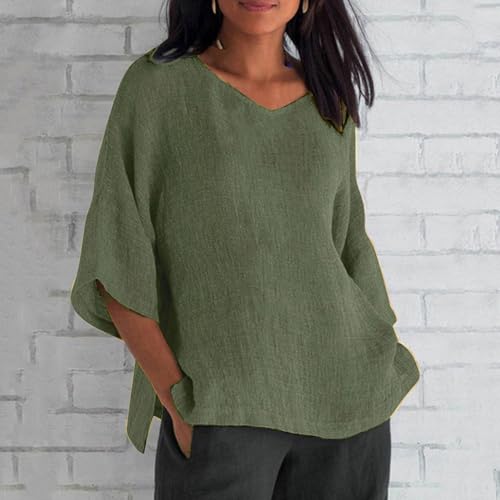 3/4 Length Sleeve Cotton Linen Tunic Blouses Z216