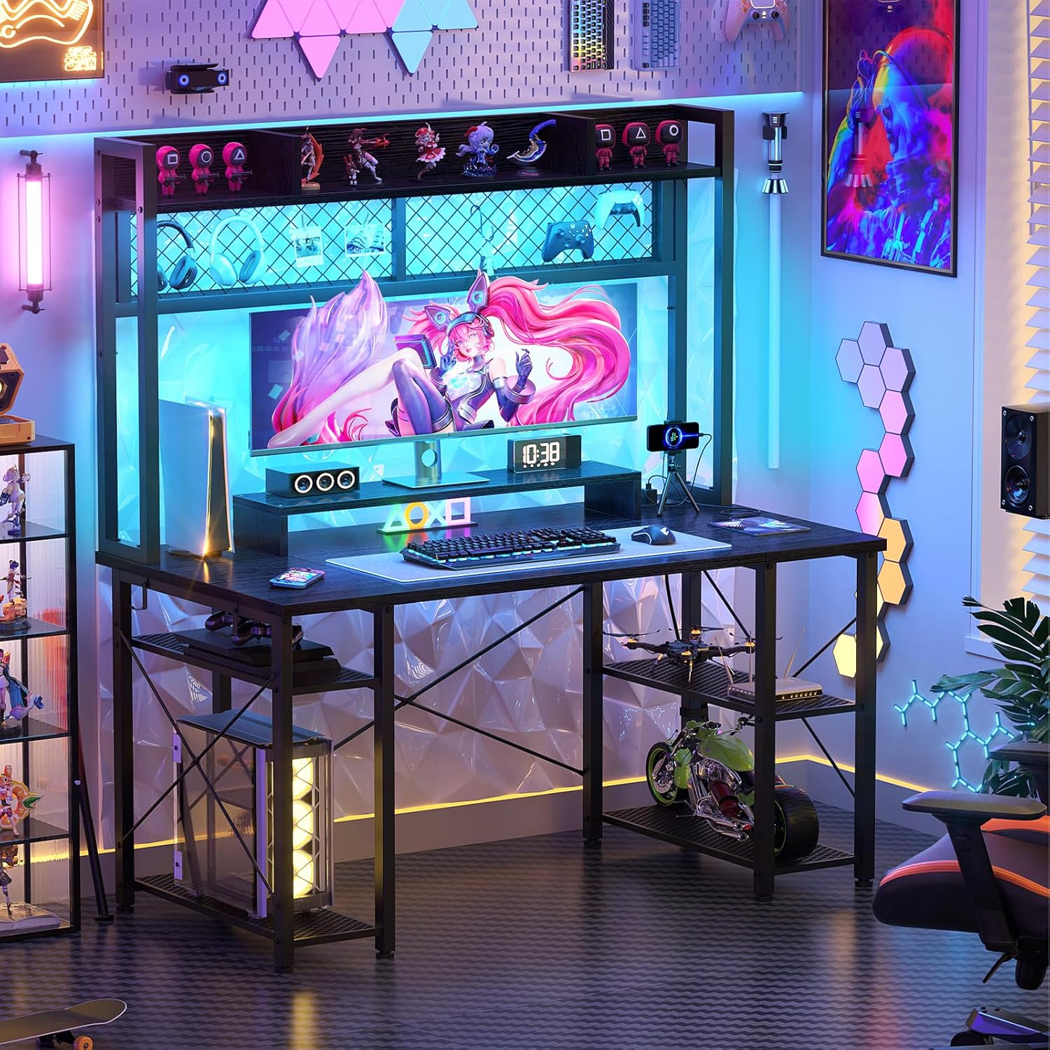 Black 47 Inch Gaming Desk with Hutch and LED Lights N821