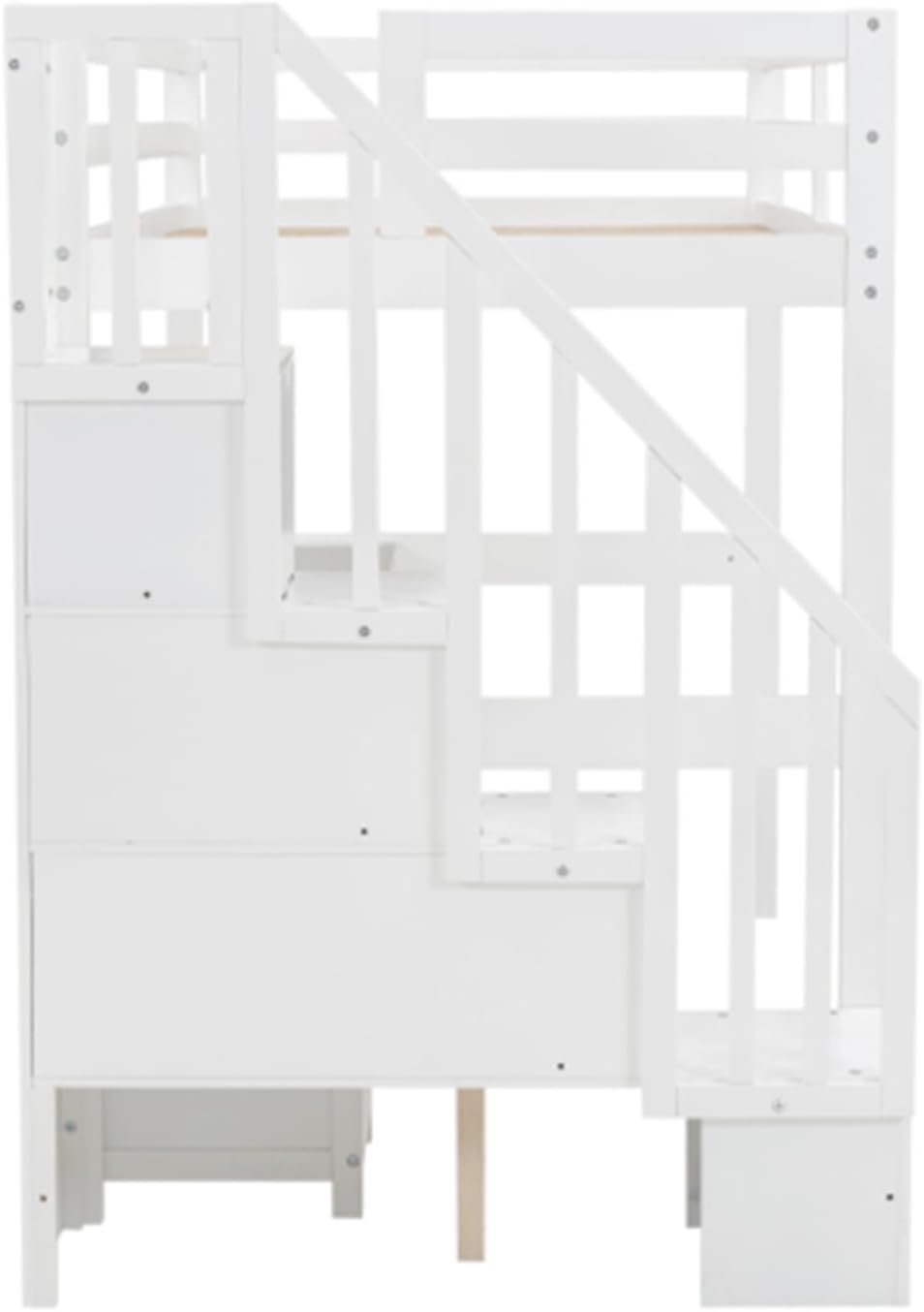 White double loft bunk bed frame with built-in desk and storage drawers A9652