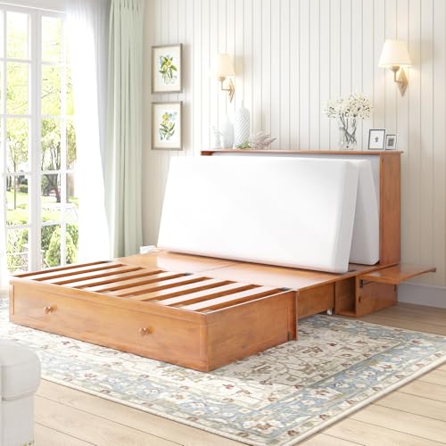 Queen Size Murphy Bed with Charging Station, Folding Foam Mattress (Cherry) K268099