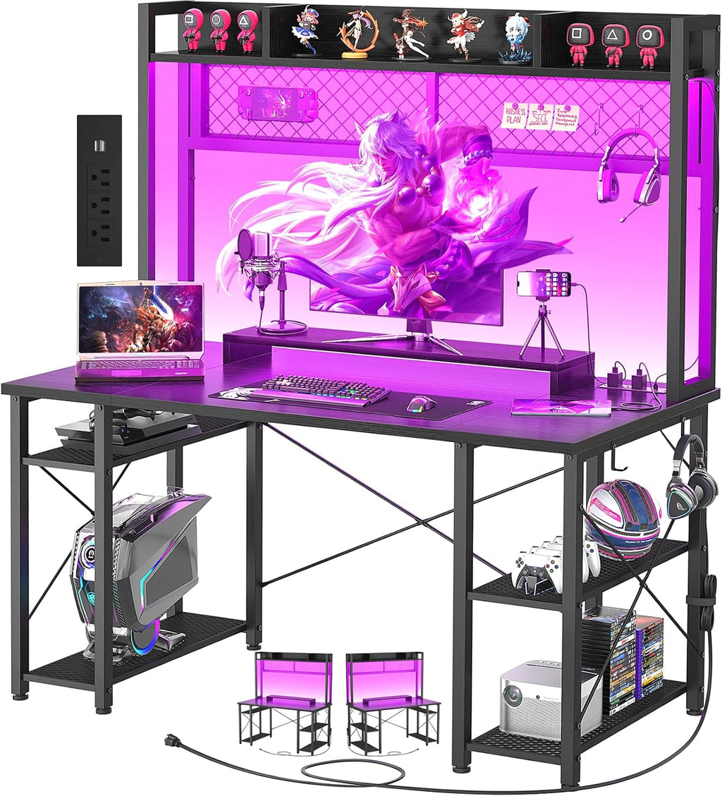 Black 47 Inch Gaming Desk with Hutch and LED Lights N821