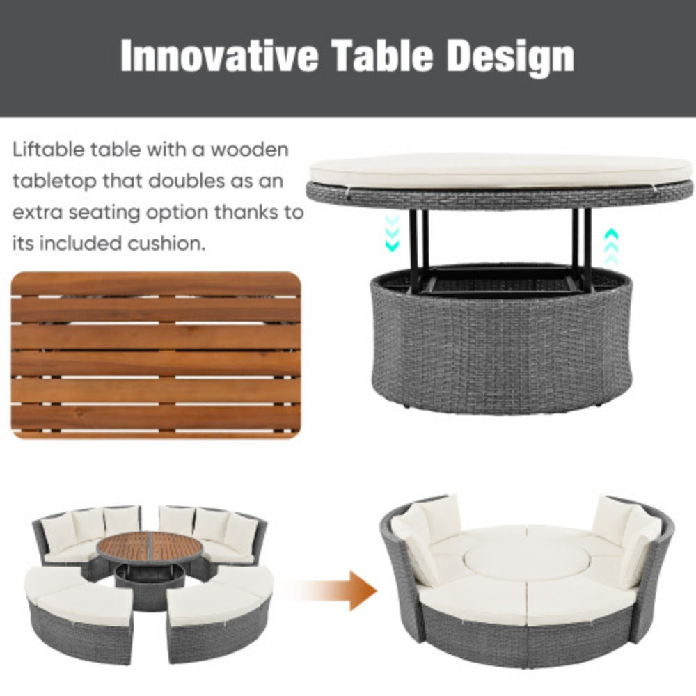 5-Piece Round Rattan Sectional Sofa Set with Liftable Table and Washable Cushions V159079