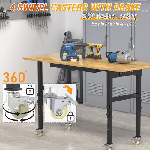 60" Adjustable Height Work Table with Power Outlet, Drawer and Wheels, Hardwood Work Bench H3856