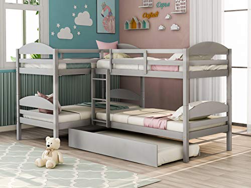 Twin-Over-Twin-Over-Twin-Over-Twin L Shaped Bunk Bed with Trundle N5775