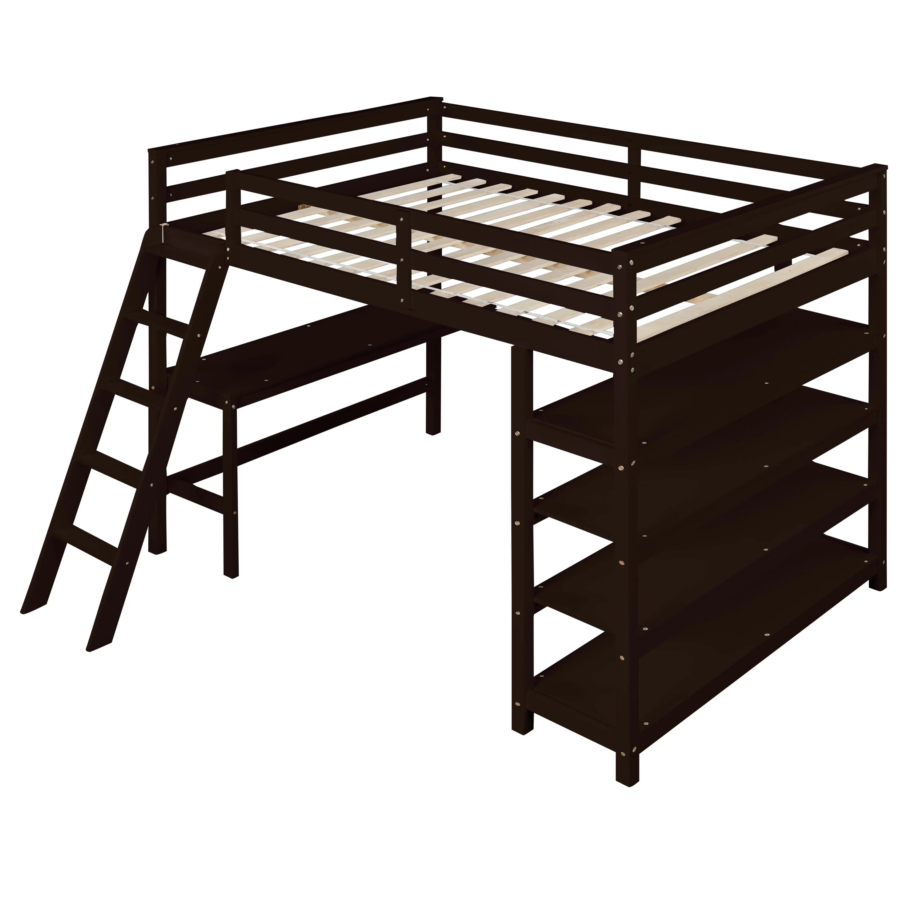 Full Size Wooden Loft Bed with Desk and Storage Shelves H747