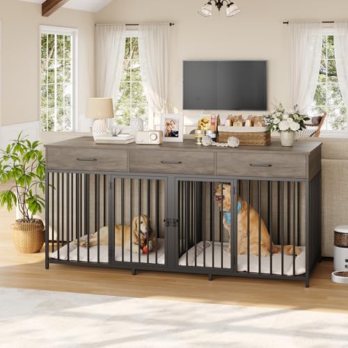 White 71" Wide Double Dog Crate with 3 Drawers C6134