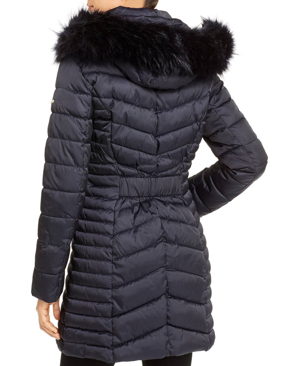 Black Faux-Fur-Trim Hooded Puffer Coat V73261