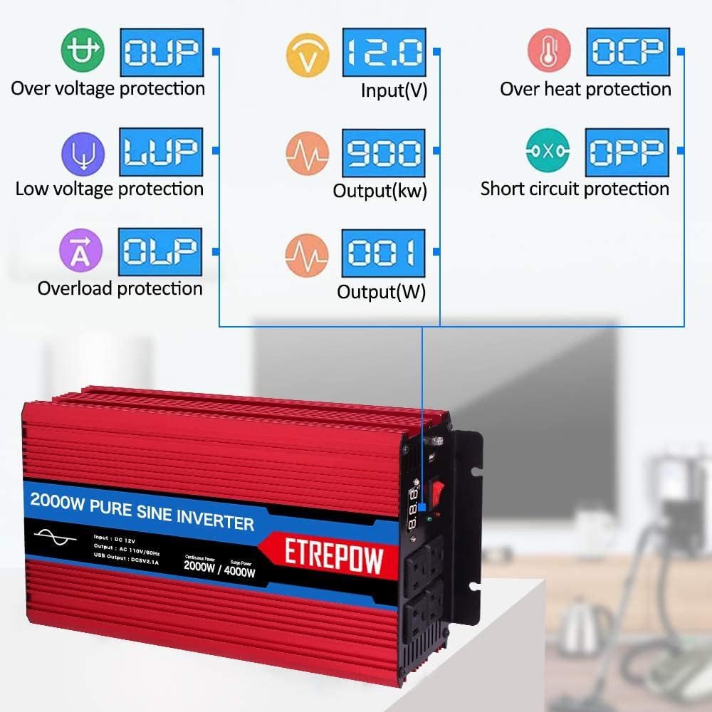 2000 Watt Pure Sine Wave Power Inverter 12V DC to 110V AC R682