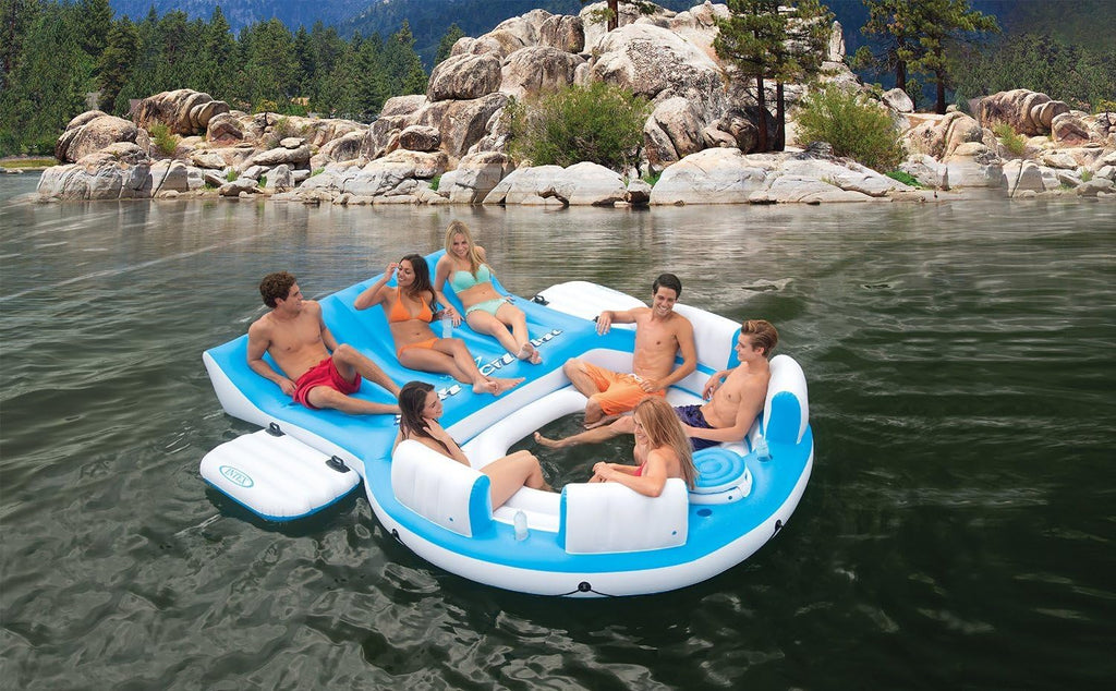 Blue 4 Person Vinyl Pool Raft Lounger with Cup Holders R338