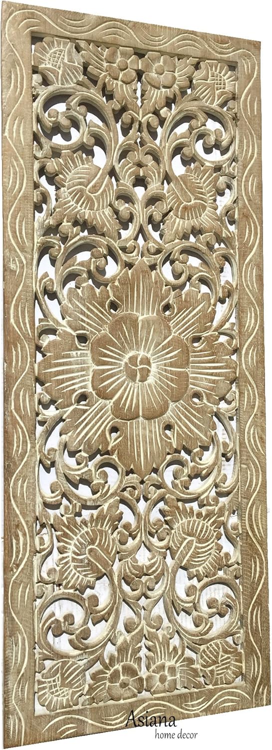 Large Carved Wood Wall Panel 35.5x13.5x0.5 Brown-Teak M3803