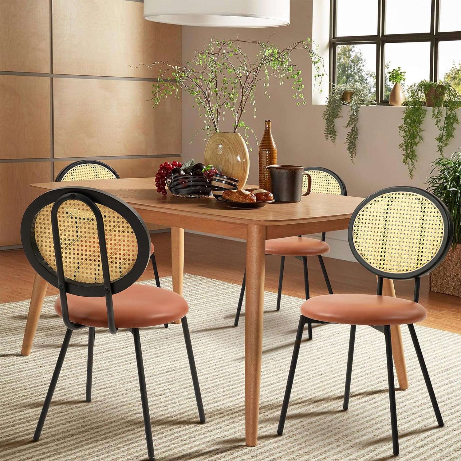 Set of 4 Dining Chairs with Rattan Backrest and PU-Leather Cushion Seat (Brown) P716