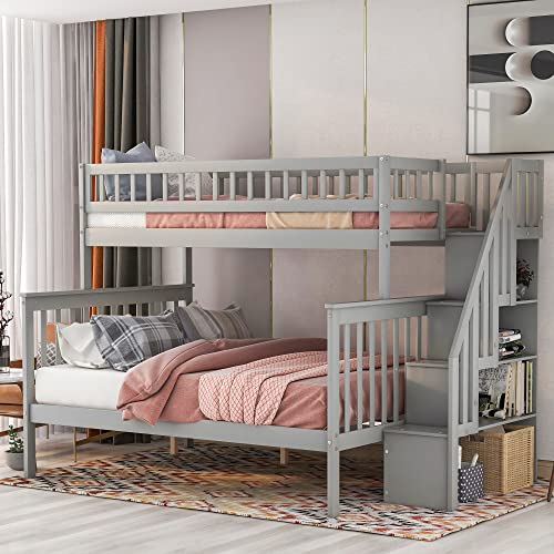 Twin Over Twin/Full Bunk Bed with Twin Size Trundle and Drawers, Solid Wood K270801