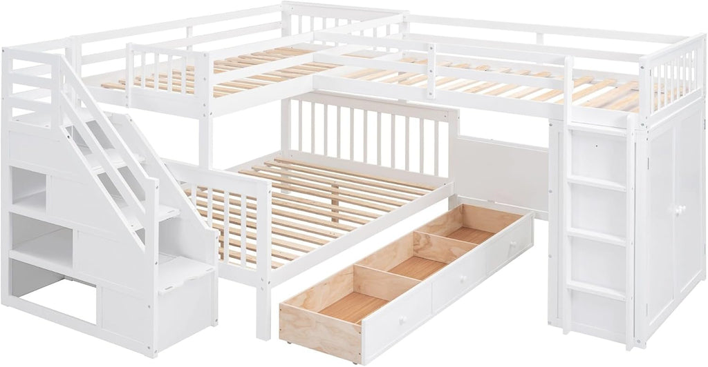 White Solid Wood L-Shaped Bunk Bed with 3 Drawers Wardrobe and Desk S86846