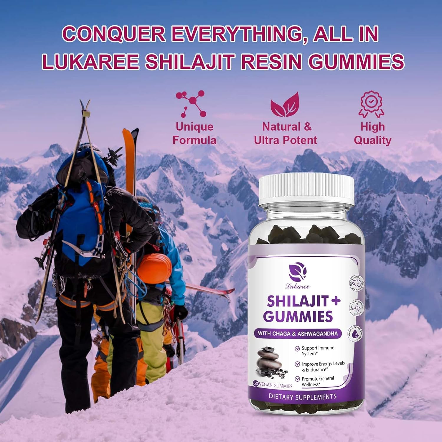 (2 Pack) Shilajit Gummies with Ashwagandha, Black Seed Oil, Vitamin C D3 B12 & Zinc, Sugar Free E4814