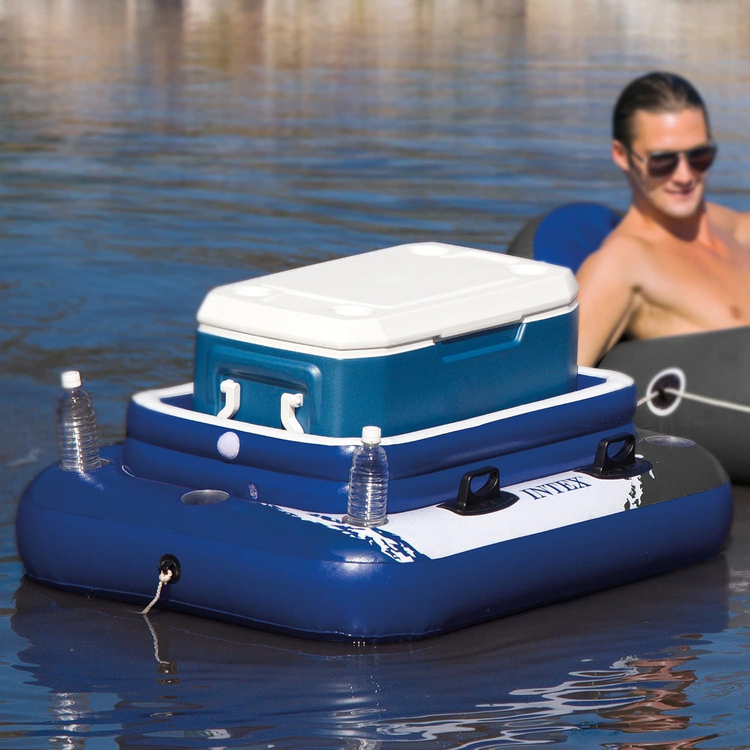 Blue 4 Person Vinyl Pool Raft Lounger with Cup Holders R338