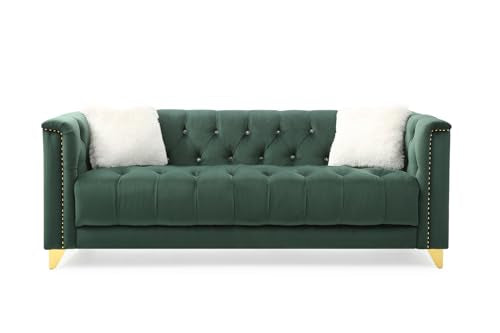 Green Deep Button Tufted Upholstered Sofa with Gold Legs N9819