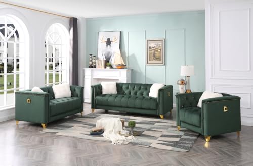 Green Deep Button Tufted Upholstered Sofa with Gold Legs N9819