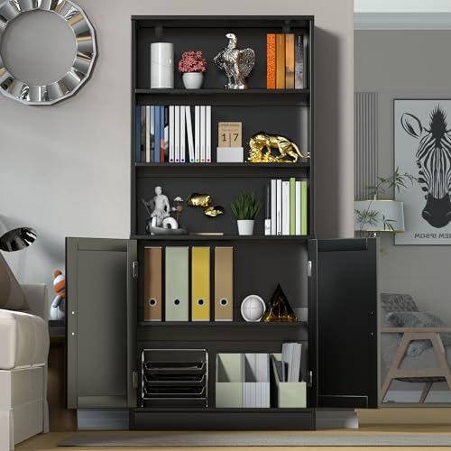 Black 5 Tier Tall Bookcase with Doors B4376