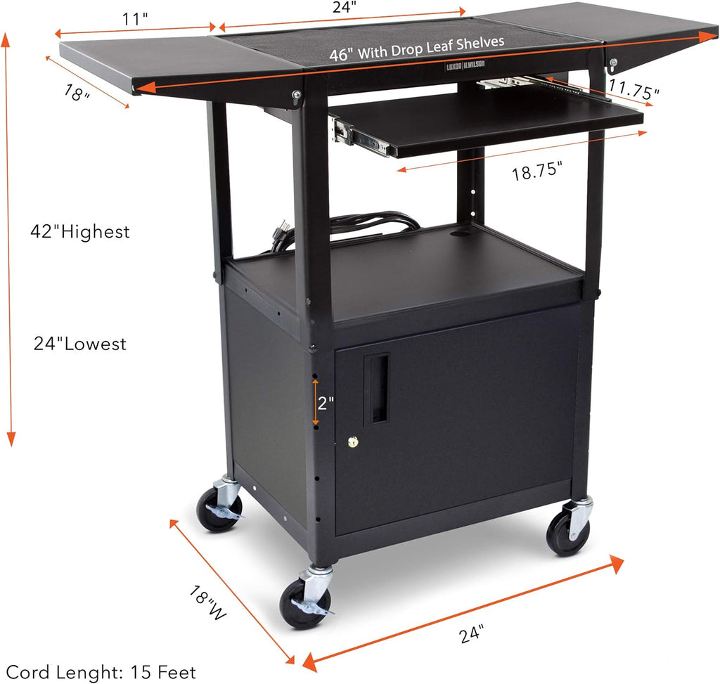 Black Height Adjustable Utility Cart with Locking Cabinet and Drop Leaves V789