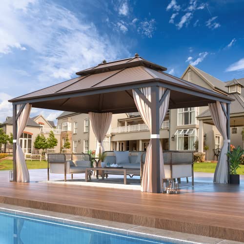 14'x20' Hardtop Gazebo Double Roof Galvanized Steel Canopy Aluminum Frame with Netting and Curtains W42973