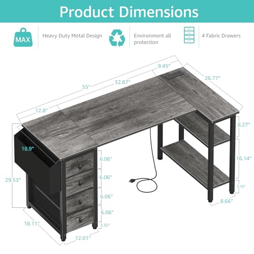 Black L Shaped Gaming Desk with Drawers & Storage Shelves, 47 Inch, Power Outlet L590214