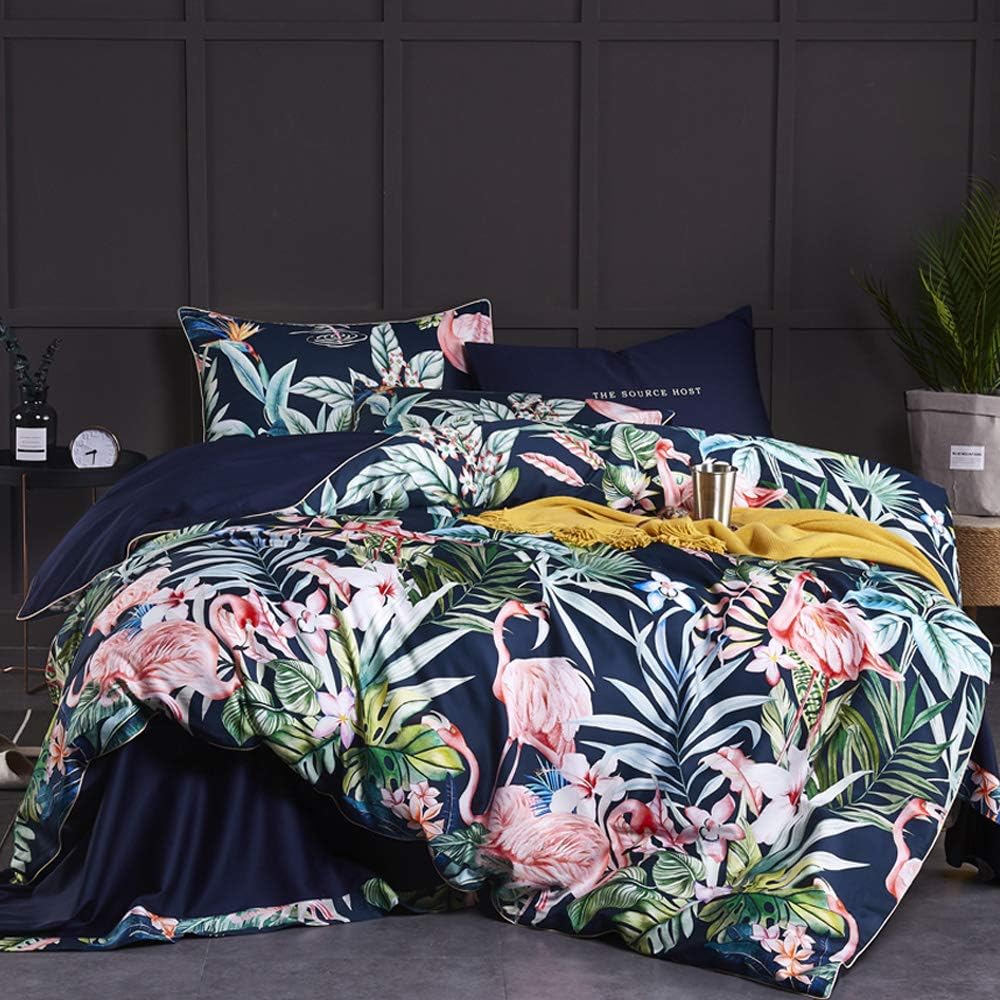 White Queen Green Tropical Leaves Pattern Reversible Cotton Duvet Cover Set C3084