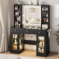 White Glass Top Vanity Desk with Mirror and Lights and 3 Drawers Q344870