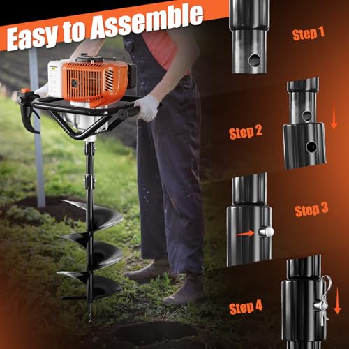 62cc Gas Powered Post Hole Digger with 2 Auger Drill Bits (6" & 8") and 3 Extension Rods H24194