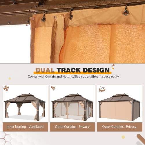 14'x20' Hardtop Gazebo Double Roof Galvanized Steel Canopy Aluminum Frame with Netting and Curtains W42973