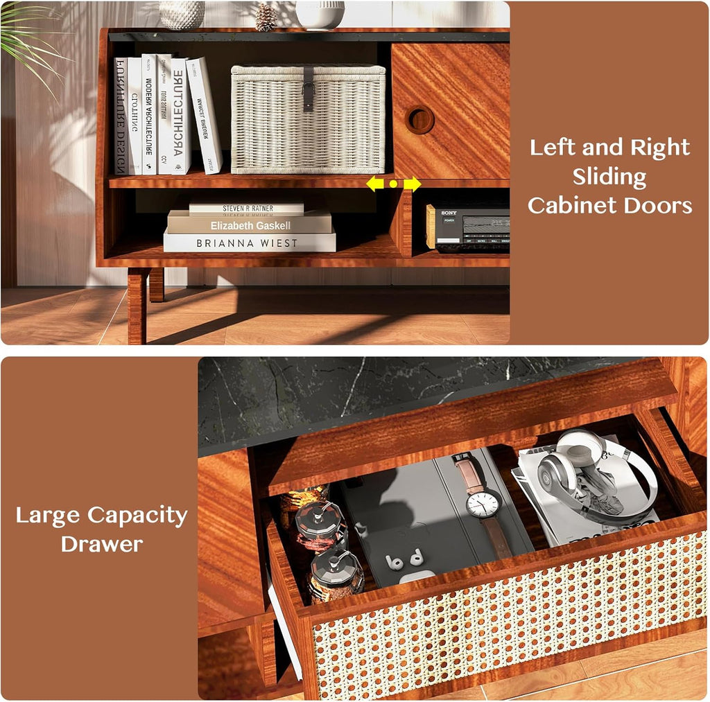 Walnut 67 inch TV Stand with Rattan Drawer M97922