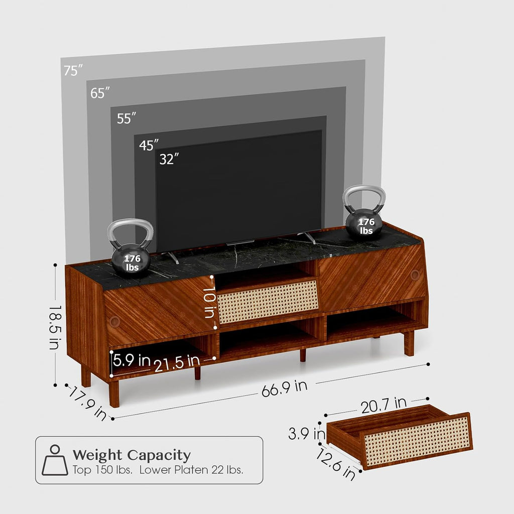 Walnut 67 inch TV Stand with Rattan Drawer M97922