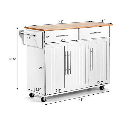 White Kitchen Island Cart Rolling Storage Trolley with Lockable Castors, 2 Drawers, 3 Door Cabinet K65860