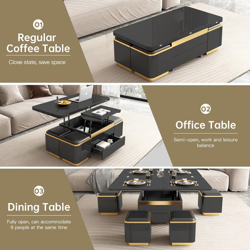 Black Lift Top Coffee Table with 4 Storage Stools M984146