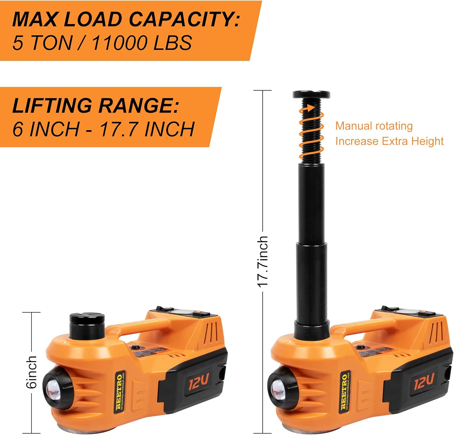 3 in 1 Electric Hydraulic Car Jack with Tire Inflator Pump, 5T (11000 lbs), DC 12V, Lifting Range 6-17.7 inch R5819