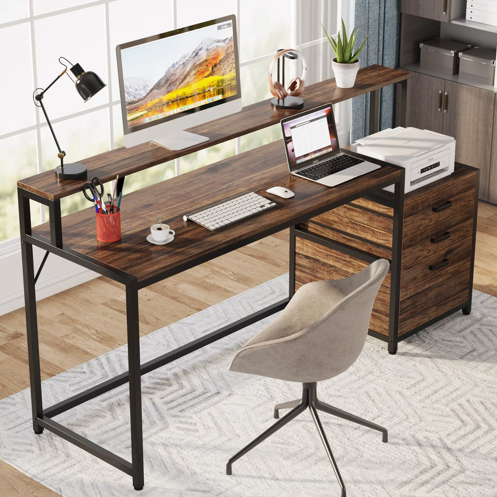 63 Inch Computer Desk with Monitor Stand and Drawers File Cabinet T19250