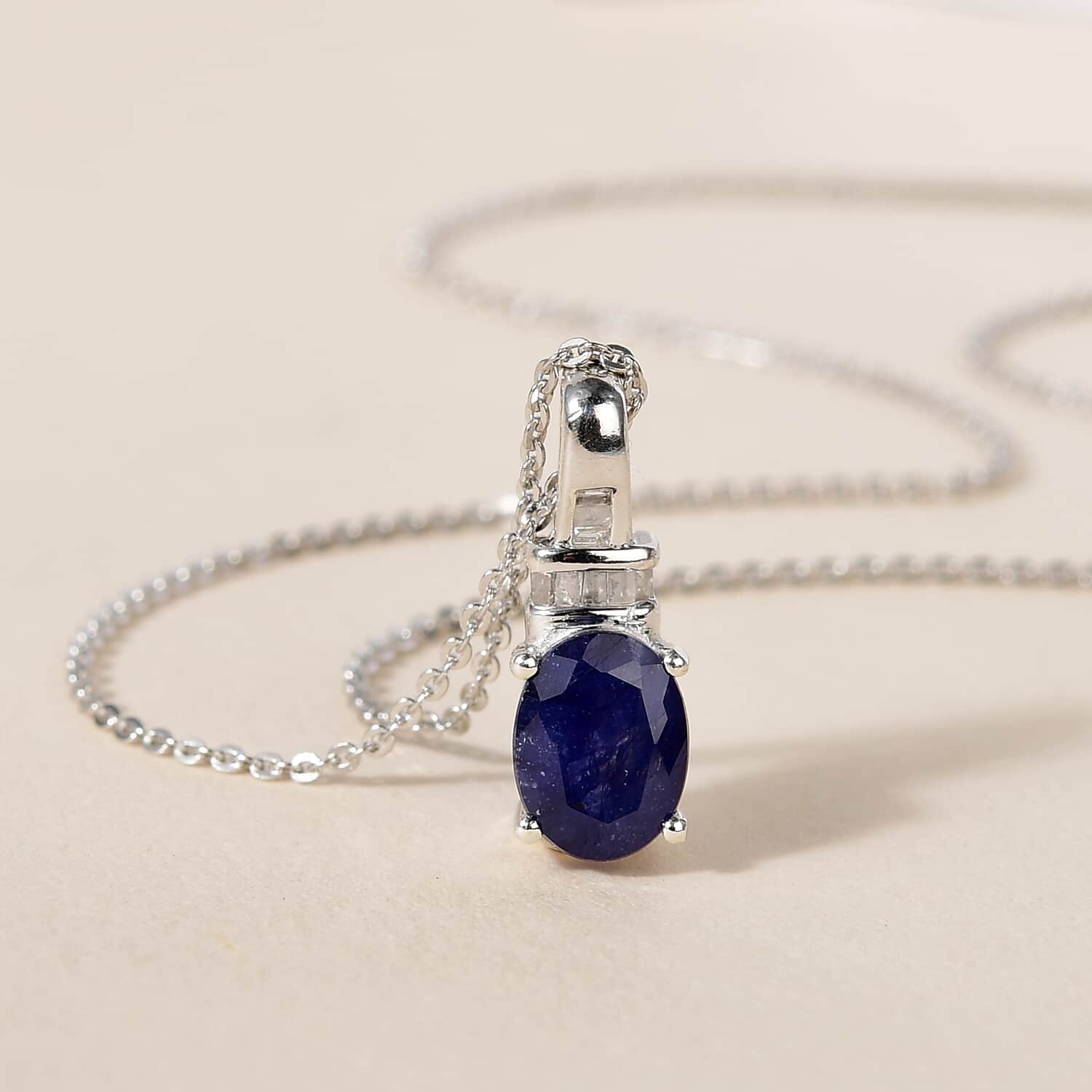 925 Sterling Silver Diamond Platinum Plated Sapphire Pendant Necklace Ct 1.6 B9636