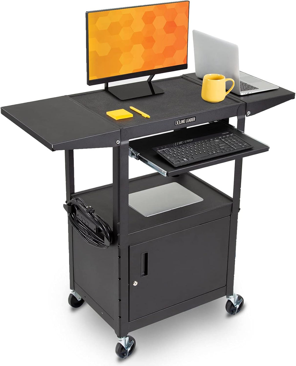 Black Height Adjustable Utility Cart with Locking Cabinet and Drop Leaves V789