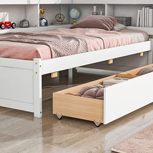 White Pine Wood Twin Size Platform Bed with L-shaped Bookcase Headboard and 2 Storage Drawers S79788