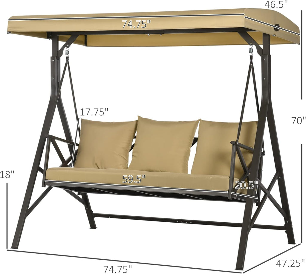 Khaki 3-Seat Patio Swing Chair with Cushion, 3 Throw Pillows & Adjustable Canopy G4993