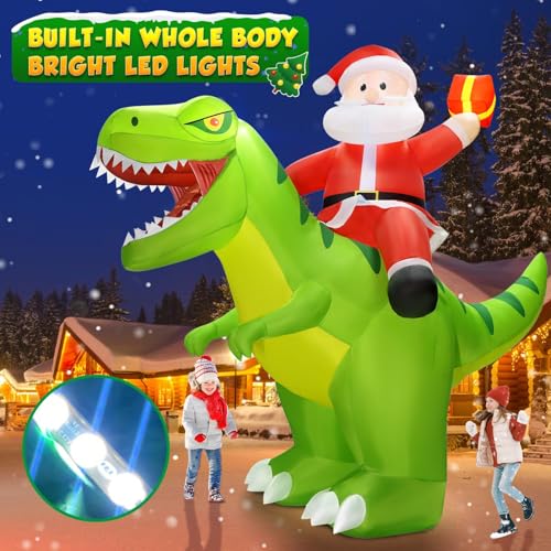 9x8FT Christmas Inflatables Santa Riding Dinosaur with LED Lights C523025