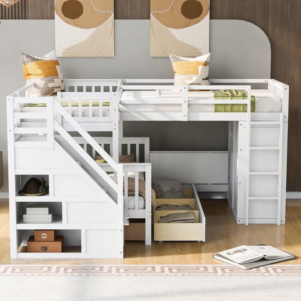 White Solid Wood L-Shaped Bunk Bed with 3 Drawers Wardrobe and Desk S86846