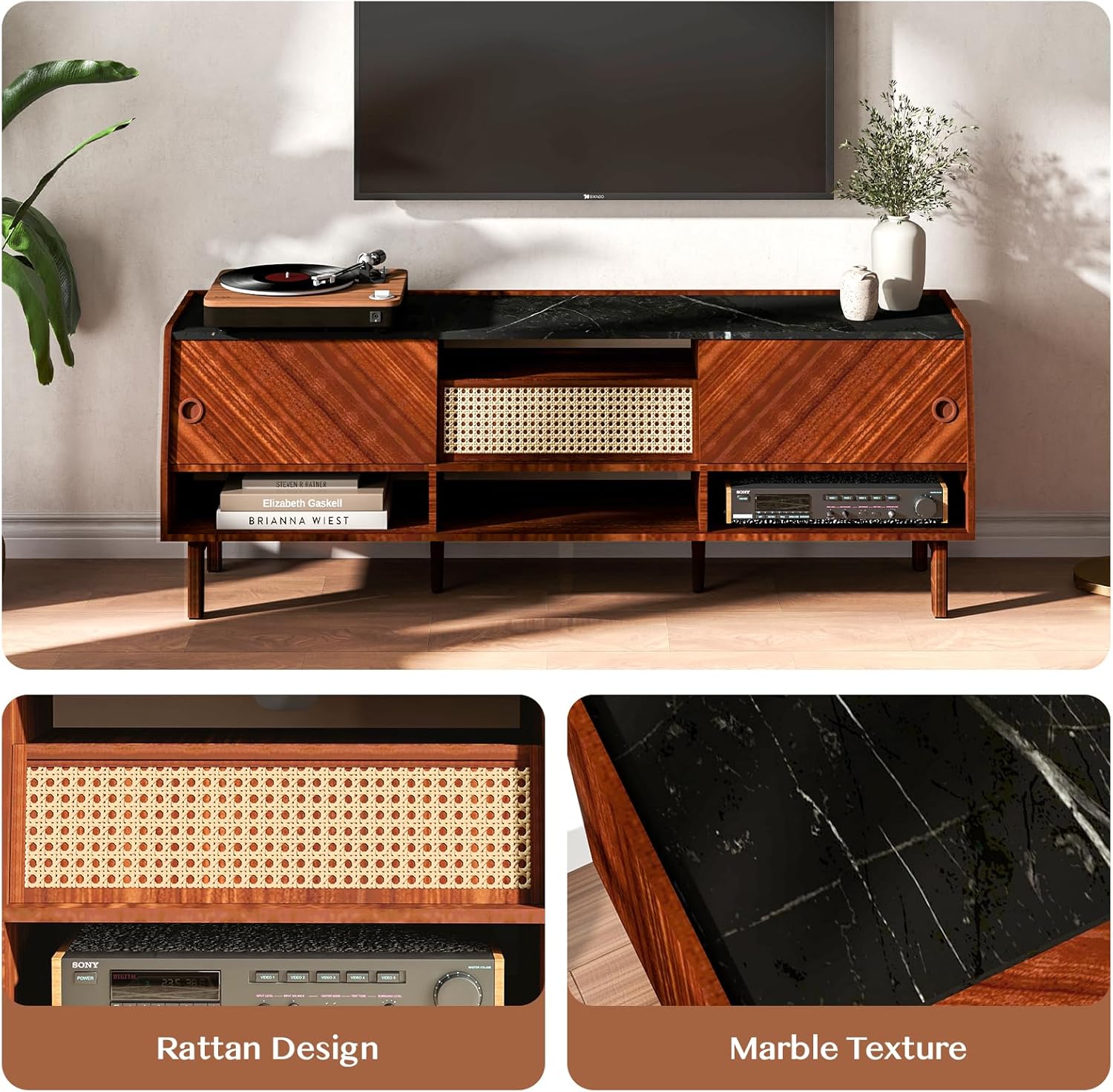 Walnut 67 inch TV Stand with Rattan Drawer M97922