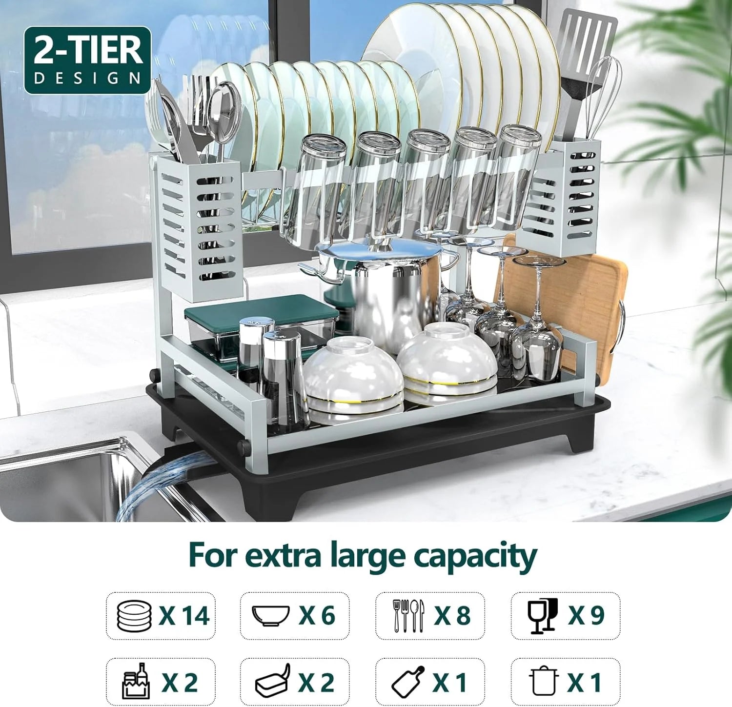 2 Tier Stainless Steel Dish Drying Rack with Drainboard S792201