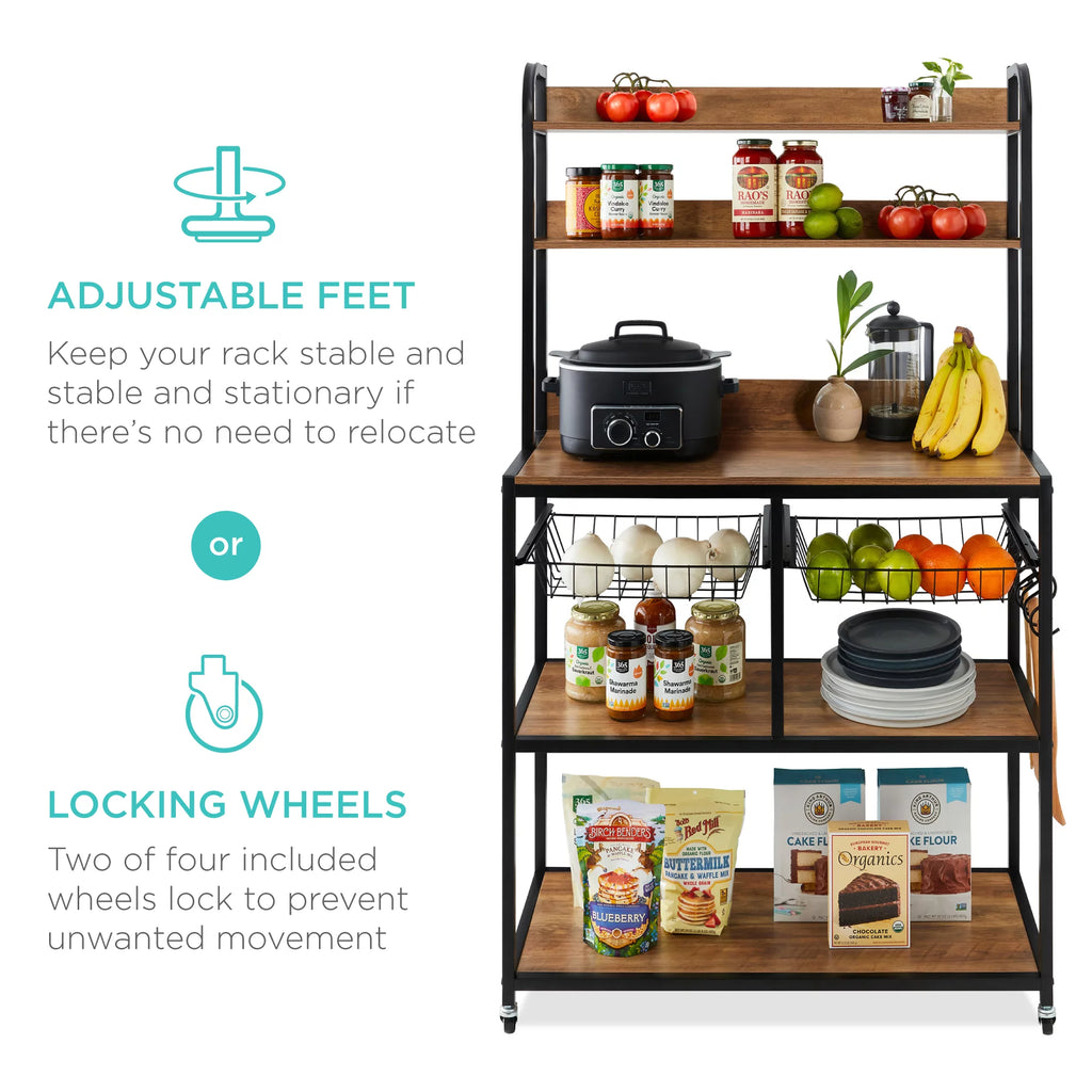 Brown Black Counter-Height Baker's Rack with Locking Wheels R31618