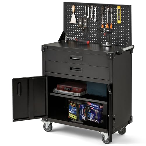 Metal Garage Storage Cabinet with Drawers and Wheels Rolling Tool Chest Cabinet with Pegboards Lockable Storage Cabinets with Adjustable Shelves E751